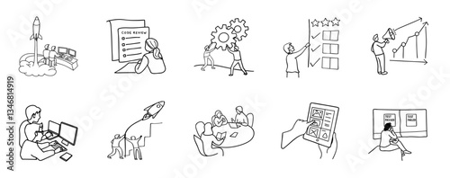 series of line drawings depicting various stages of software engineering workflow, including code review and testing