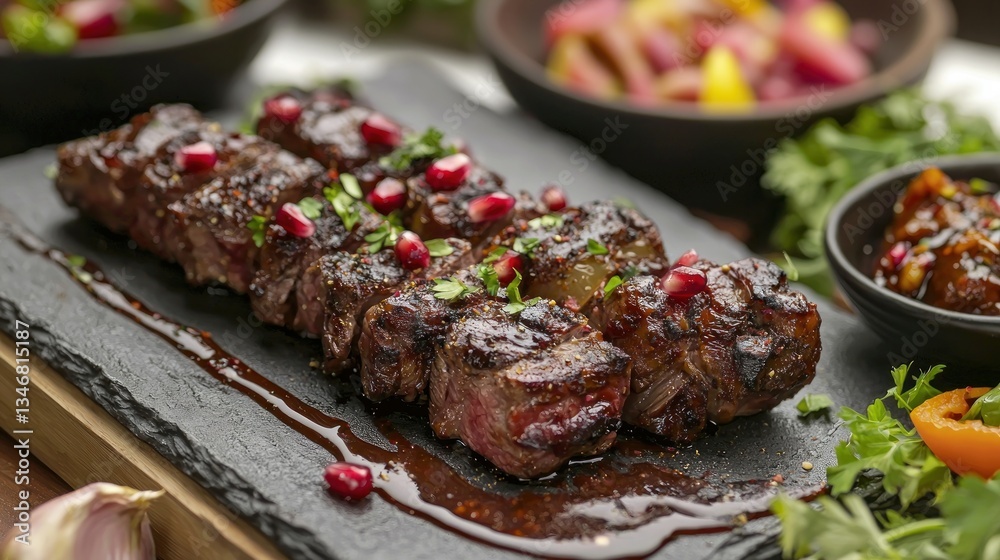 Sizzling beef tenderloin steak bites delight fresh pomegranate seeds herb garnish slate elegant setting Sizzling beef tenderloin steak bites delight fresh pomegranate seeds herb garnish slate elegant setting