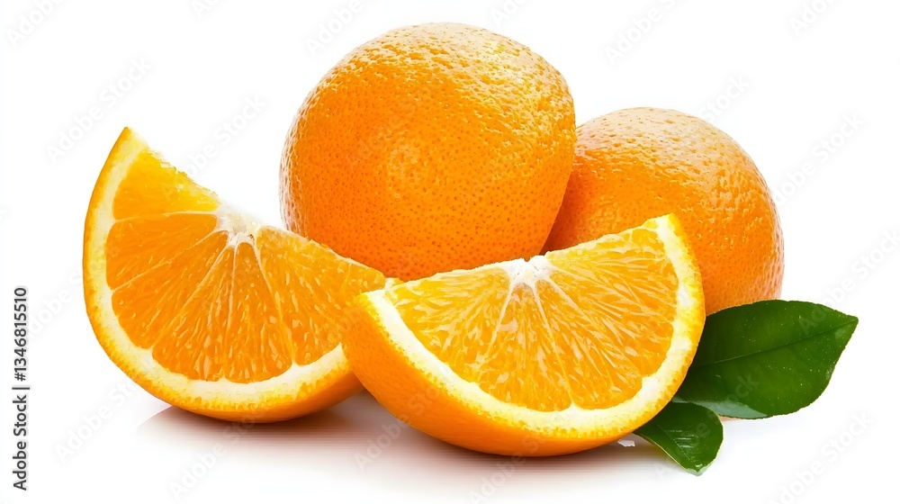 Fresh Oranges with Sliced Segments and Green Leaves on White Background Fresh Oranges with Sliced Segments and Green Leaves on White Background