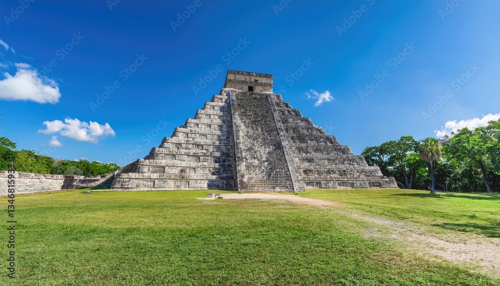 Ancient Mayan pyramid in Chichen Itza, Mexico, surrounded by lush greenery and clear skies Ancient Mayan pyramid in Chichen Itza, Mexico, surrounded by lush greenery and clear skies