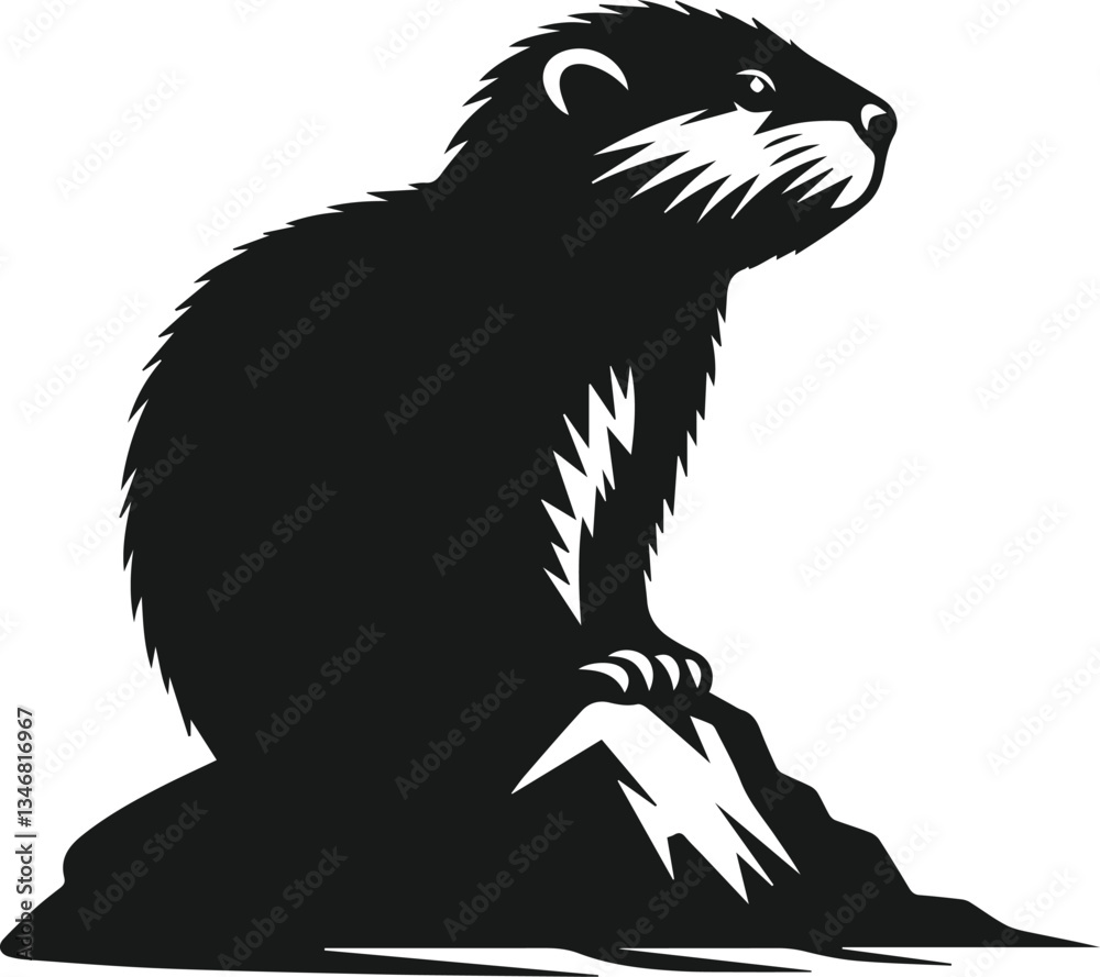 Obraz premium Beaver sitting on a rock and gazing into the distance vector silhouette