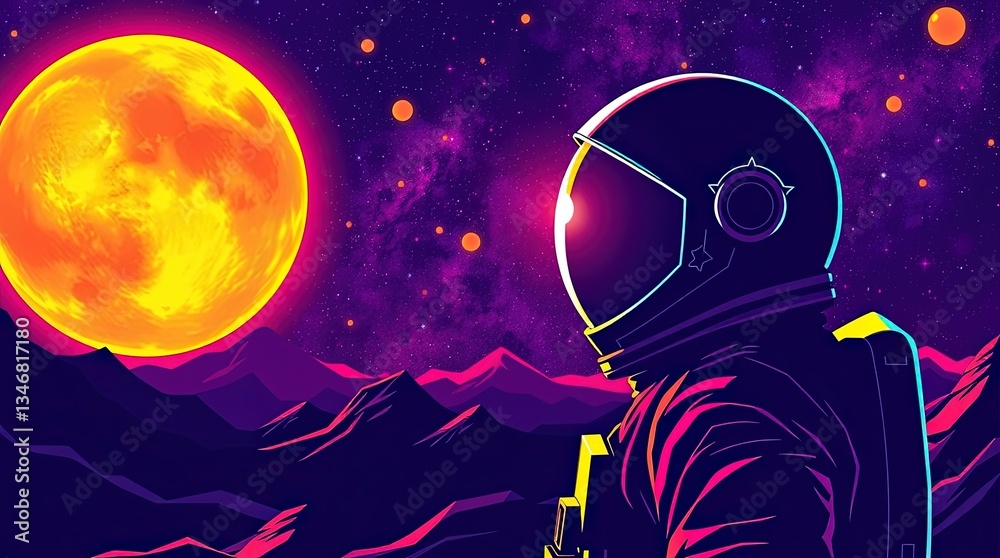 Obraz premium Astronaut looking at orange moon in vibrant cosmic landscape for sci-fi blogs, space exploration websites, astronomy education, and International Day of Human Space Flight celebrations