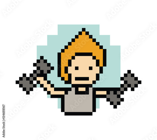 Cute pixel cartoon 8bit character man weight training with dumbbell lifestyle lifting gym decoration life style 8 bit male boy weight fitness isolated game 8bit PNG vector.