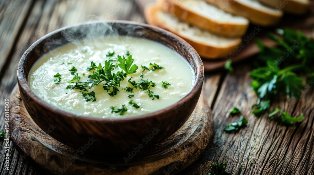 Steaming Creamy Soup in Wooden Bowl Fresh Parsley Delicious Food Still Life on Rustic Table Steaming Creamy Soup in Wooden Bowl Fresh Parsley Delicious Food Still Life on Rustic Table