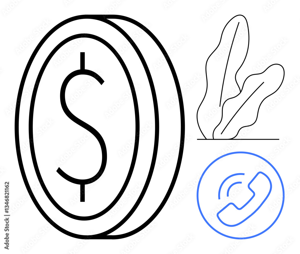 Obraz premium Dollar coin symbolizing money, plant illustrating growth, and phone call icon for communication. Ideal for business, finance, investment, growth, communication modernity minimalism. Flat simple