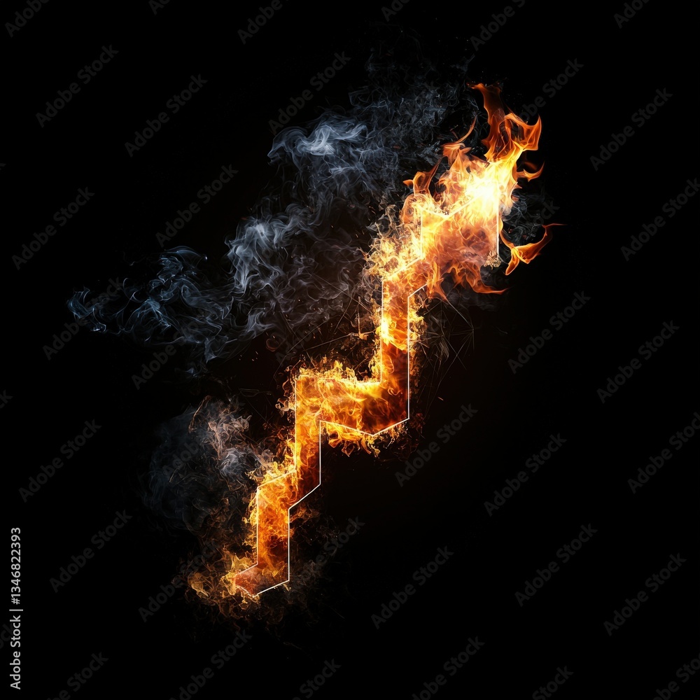 A burning gas flare shaped into an upward-trending price chart. A burning gas flare shaped into an upward-trending price chart.