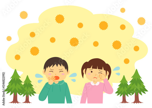 木から飛散する花粉と花粉症の子どものイメージイラスト

