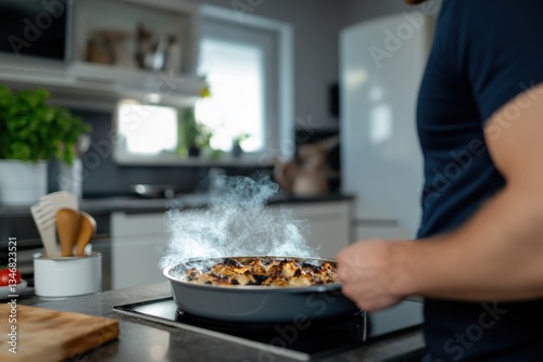 A person skillfully cooking chicken in a stylish kitchen, demonstrating culinary techniques while showcasing a blend of passion and the potential for kitchen mishaps.