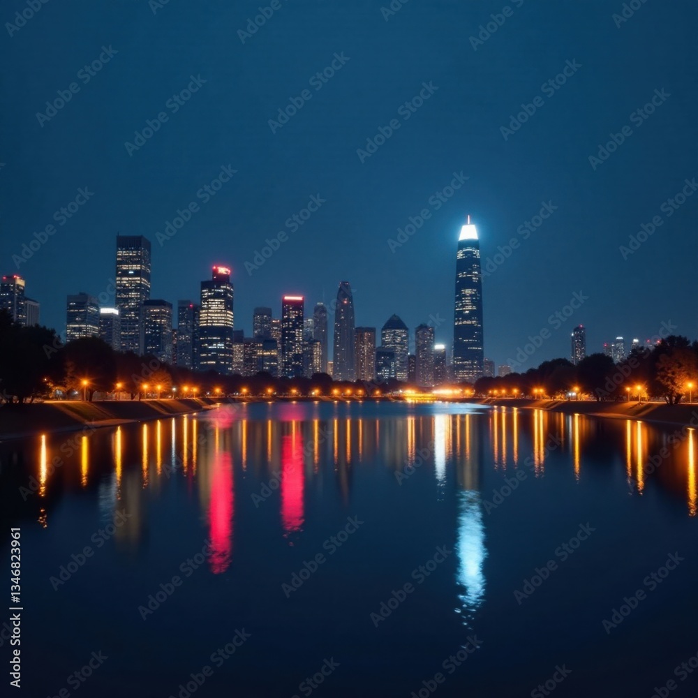 Fototapeta premium Darkened cityscape with twinkling streetlights and skyscrapers reflected in a calm lake, european cities, architecture