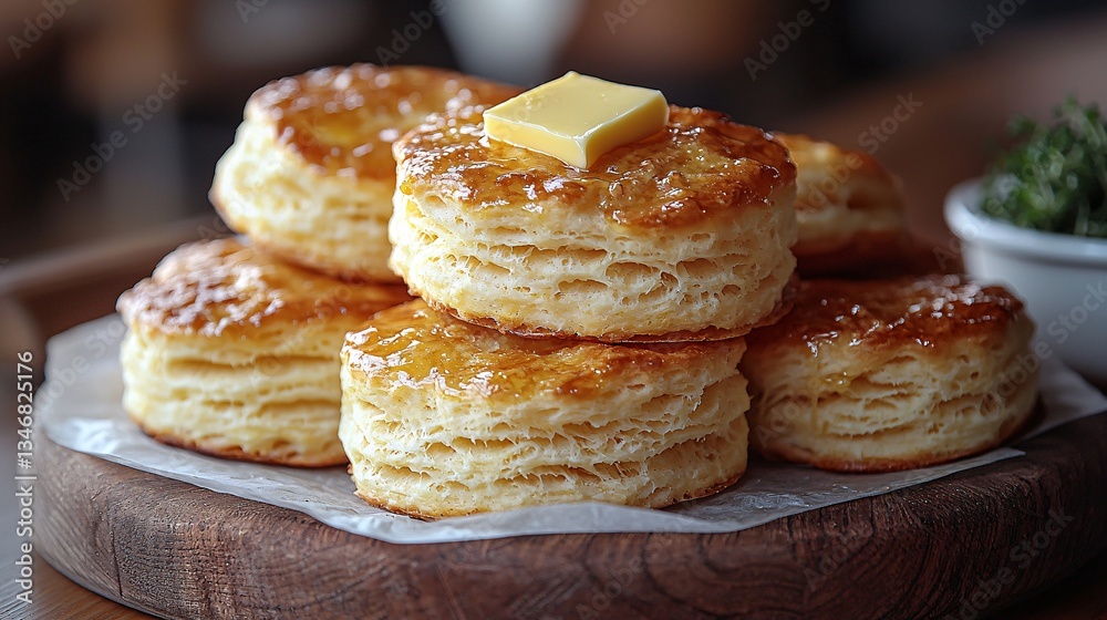 Fluffy Golden Buttermilk Biscuits with Butter on Top Captured in a Cozy Rustic Setting Fluffy Golden Buttermilk Biscuits with Butter on Top Captured in a Cozy Rustic Setting