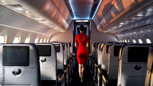 Flight Attendant in Airplane Cabin at Sunset