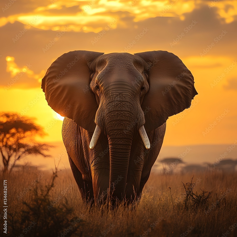 Obraz premium A majestic African elephant stands majestically in the golden light of a breathtaking sunset du a memorable African safari adventure showcasing its immense power and beauty in