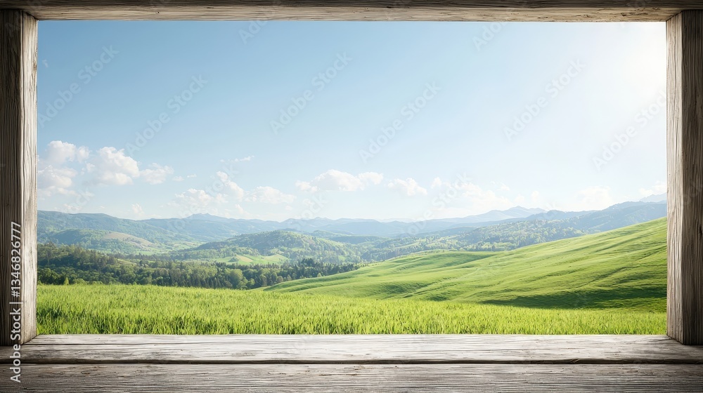 Scenic Landscape View Through Wooden Frame with Green Hills Scenic Landscape View Through Wooden Frame with Green Hills