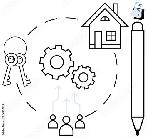 Keys, house, gears, people, and pen representing home ownership system. Ideal for real estate, home buying, teamwork process management collaboration property rights and planning. Abstract line