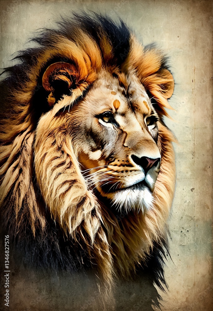 Fototapeta premium A majestic lion with a mane is depicted in a portrait-like style.