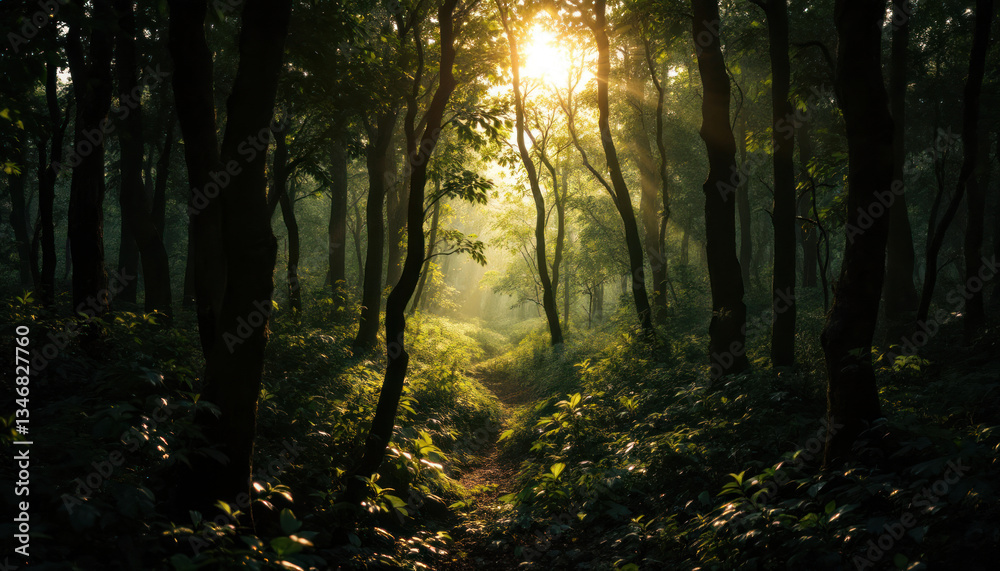 Sunlit Forest Path: A Mystical Morning in the Woods Sunlit Forest Path: A Mystical Morning in the Woods