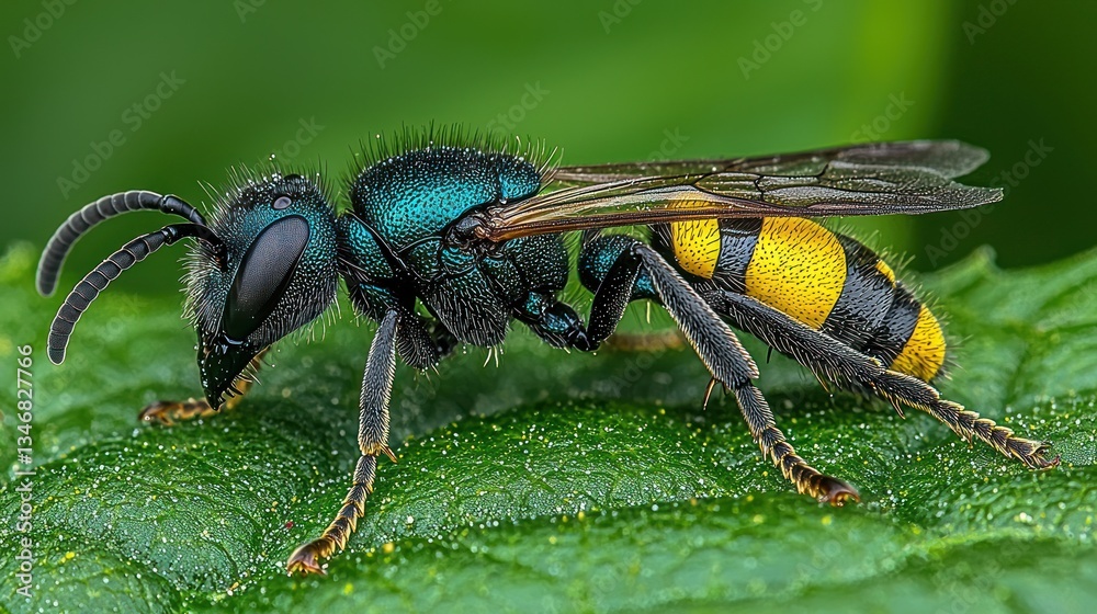 Fototapeta premium Close-up of a colorful wasp on a leaf