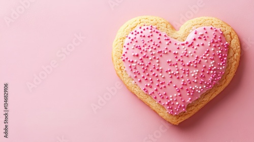 Heart-shaped cookie with pink icing and colorful sprinkles on a soft pink background
