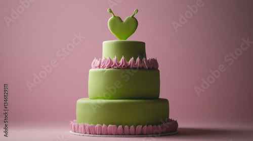 Wallpaper Mural three-tiered heart-shaped green cake, pink ruffles, iconic ogre troll ears, bright green, soft pink details, minimalist background, bakery, celebration, themed dessert, creative design, unique, party. Torontodigital.ca