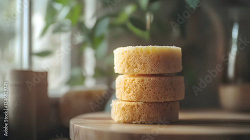 Eco-friendly Life with Natural Organic Sponges in a Stacked View on Wooden Plate
