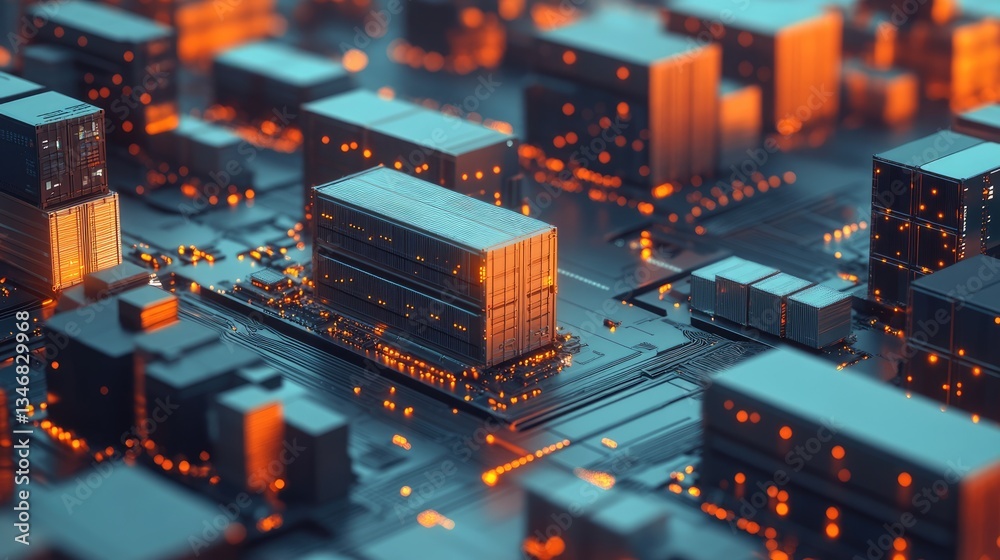 Abstract digital cityscape with glowing circuitry and buildings, showcasing a futuristic technology environment Abstract digital cityscape with glowing circuitry and buildings, showcasing a futuristic technology environment