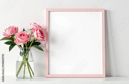 gentle pink photogram with white background stands on white wooden shelf, minimalist elegant spring decoration, vase with roses. Mock up for your idea. Springtime