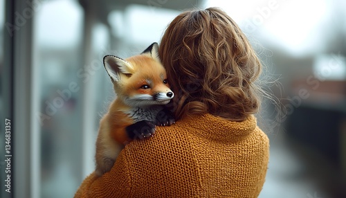 Woman holding fox kit outdoors photo