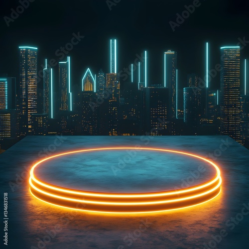 A futuristic podium glowing with neon lights, set in a cyberpunk cityscape at night.