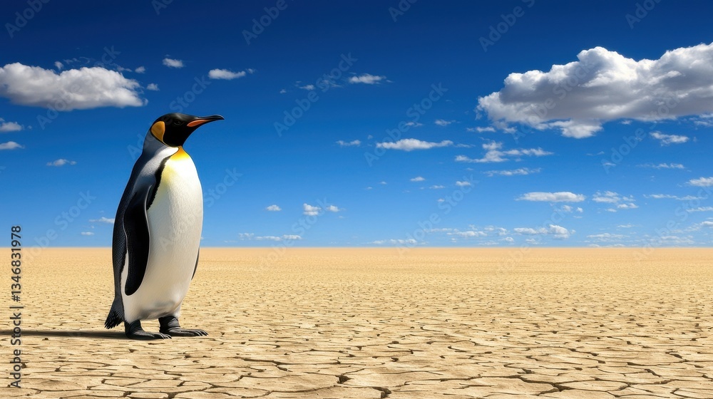 Obraz premium King Penguin in a Desert Landscape Under a Bright Blue Sky