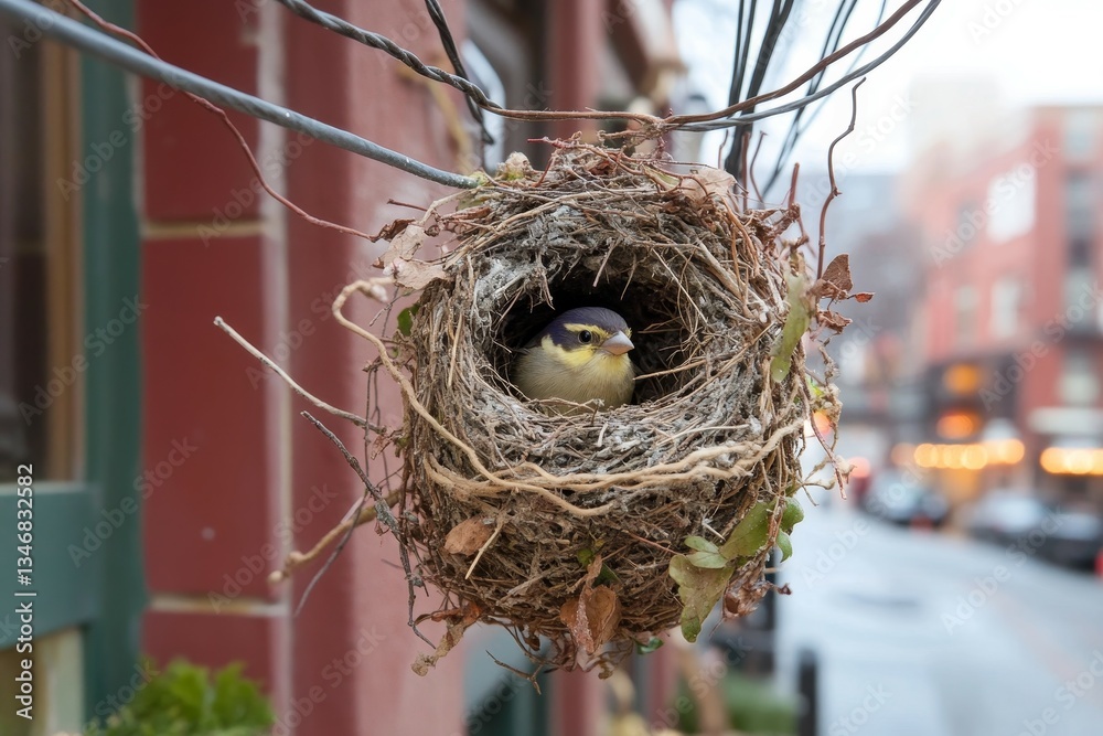 Naklejka premium Urban Nest Among Wires, Nesting birds