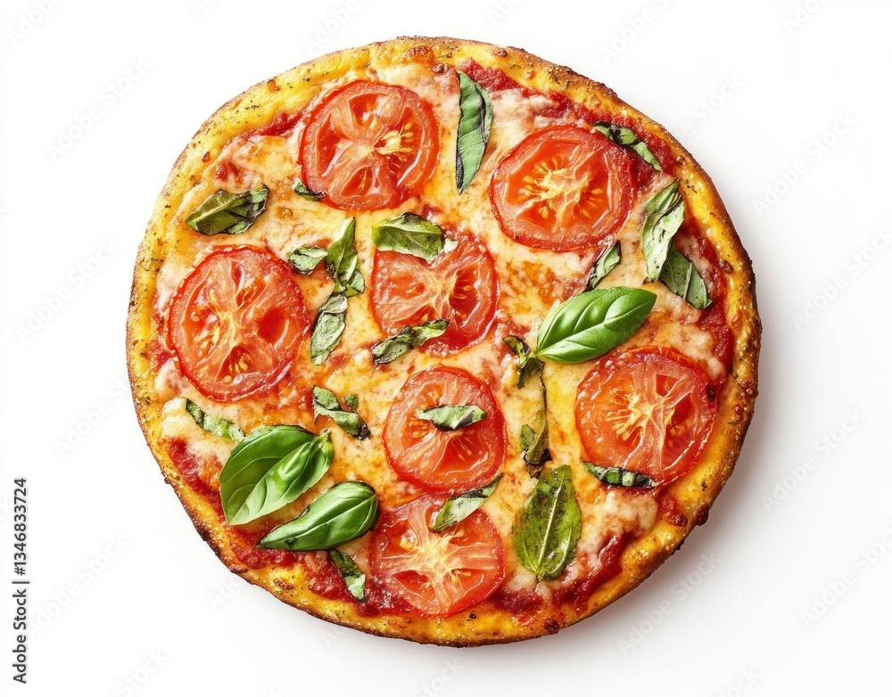 Delicious Margherita Pizza with Fresh Tomatoes and Basil on White Background