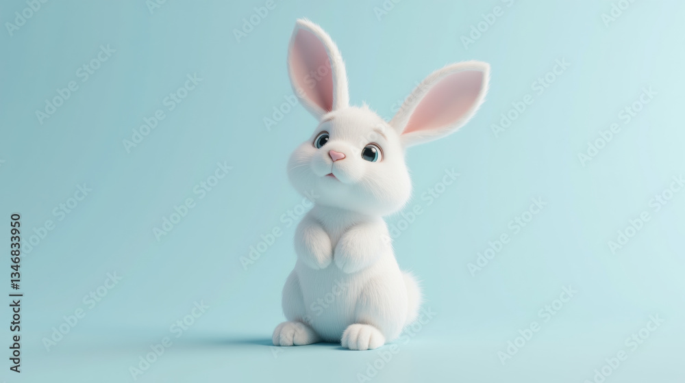 Obraz premium Cute white rabbit with big ears and expressive eyes, sitting on light blue background
