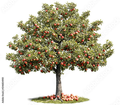 A highly detailed, realistic apple tree with lush green leaves, strong brown branches, and bright red apples hanging and few on the ground, isolated on a transparent