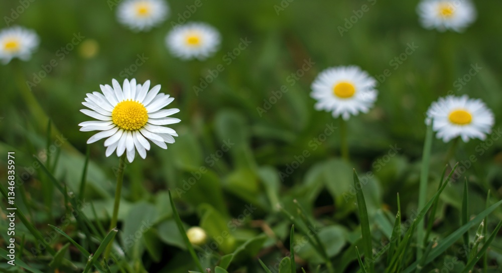 A simple yet charming white daisy with a bright yellow center, growing in a lush green meadow. The background is softly blurred, with more daisies scattered across the sunlit grass.