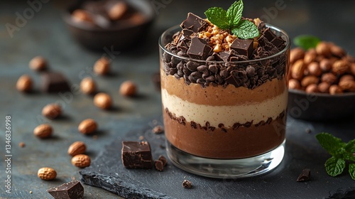 Wallpaper Mural Delicious Layers of Chocolate Mousse Dessert with Nuts and Mint Garnish in Elegant Glass Cup Torontodigital.ca