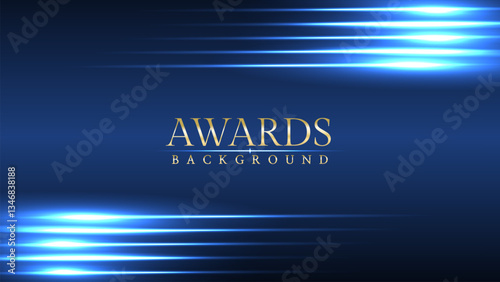 Blue awards graphic background with light neon effects with bokeh decorations. Luxury scene corporate design concept. Vector illustrations.