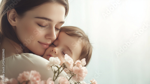 Um mãe muio feliz abraçando seu lindo filho em um dia muito especial.	