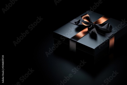 A sleek black gift box with an elegant ribbon sits against a dark background, creating a sense of mystery and anticipation.