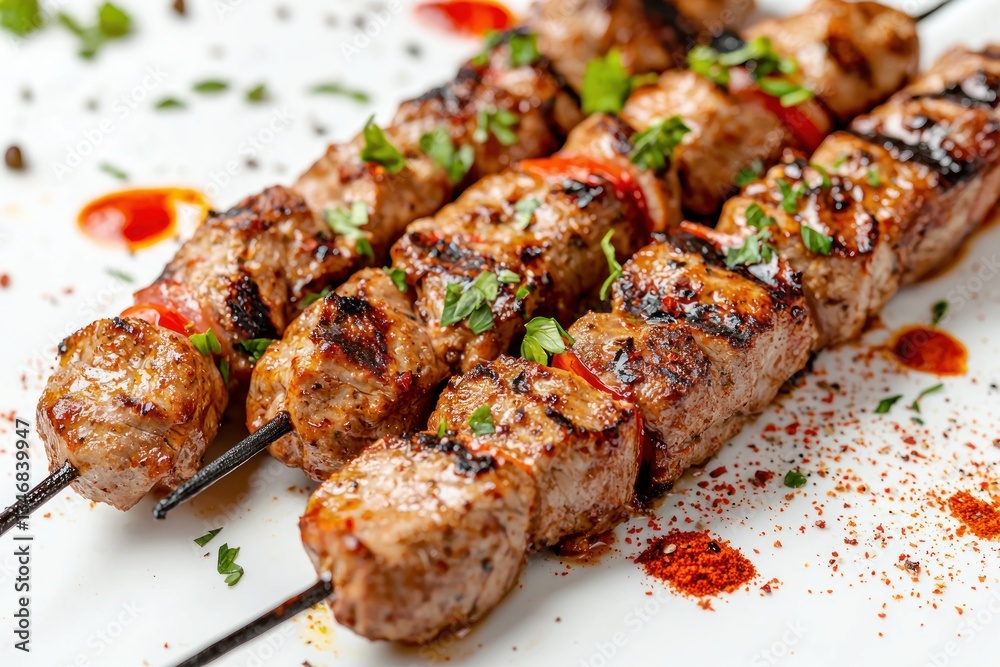 Mouthwatering grilled meat skewers with fresh parsley against a white background perfect close up shot Mouthwatering grilled meat skewers with fresh parsley against a white background perfect close up shot