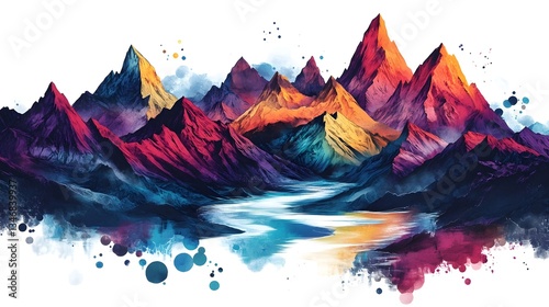 Mesmerizing Mountainscape Vibrant Watercolor Landscape with Ethereal Reflections