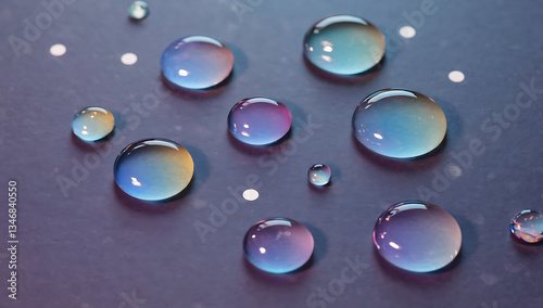 Colorful water drops on a dark surface