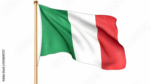 Italian flag waving on a flagpole against a white background; perfect for patriotic themes, travel, or national day celebrations