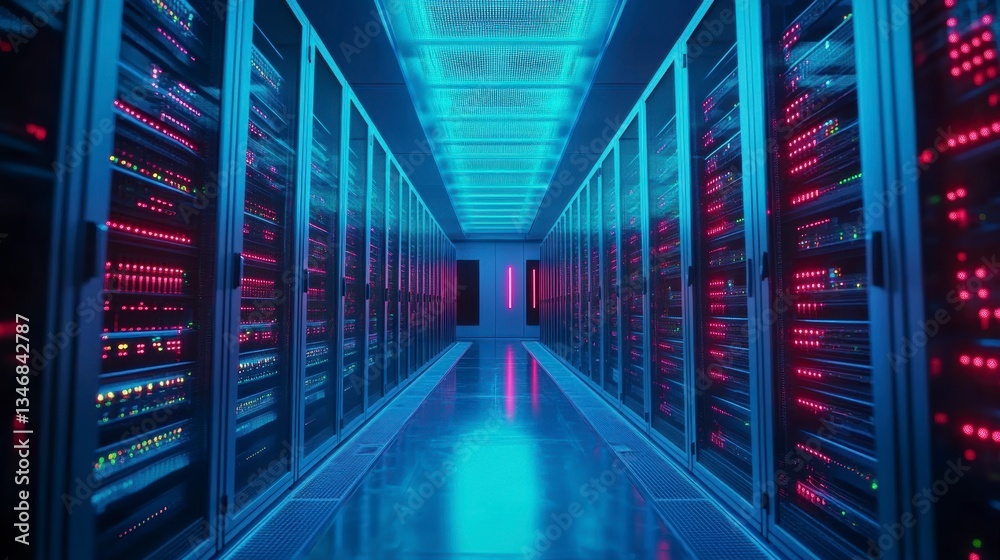 Fototapeta premium Futuristic server room with rows of glowing racks and a reflective floor.