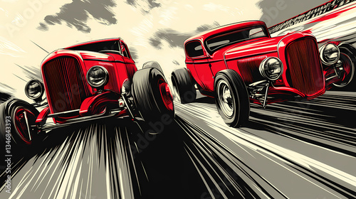 Red Hot Dragsters: A high-octane, visually dynamic illustration depicting two vintage red hot dragsters roaring down the track.