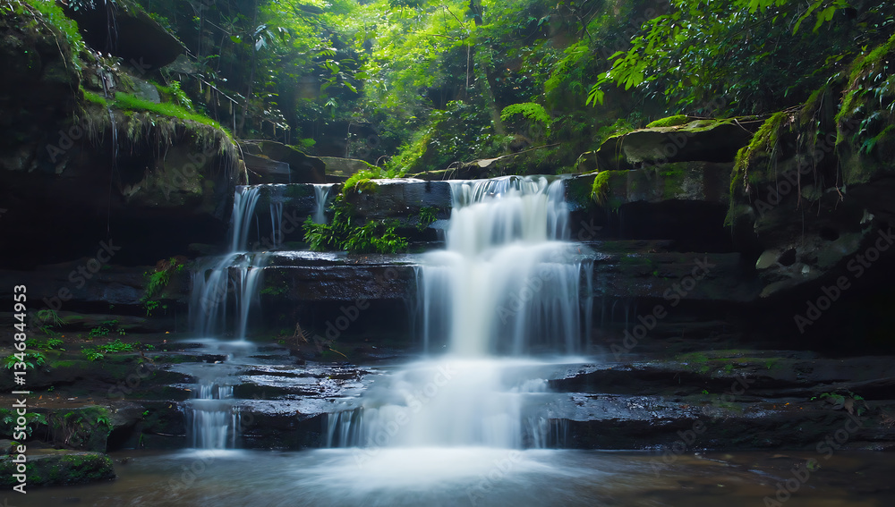 Fototapeta premium Serene Waterfall in Lush Forest