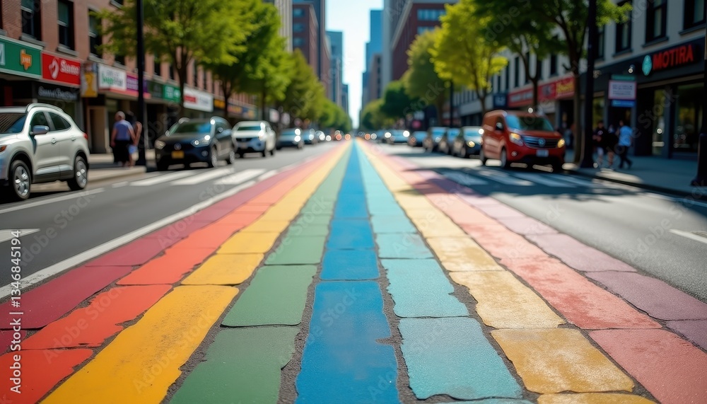 Obraz premium A vibrant rainbow crosswalk adorns a bustling city street lined with shops and trees. The scene, full of pedestrians and cars, symbolizes LGBTQ+ pride, inclusion, and celebration during Pride Month