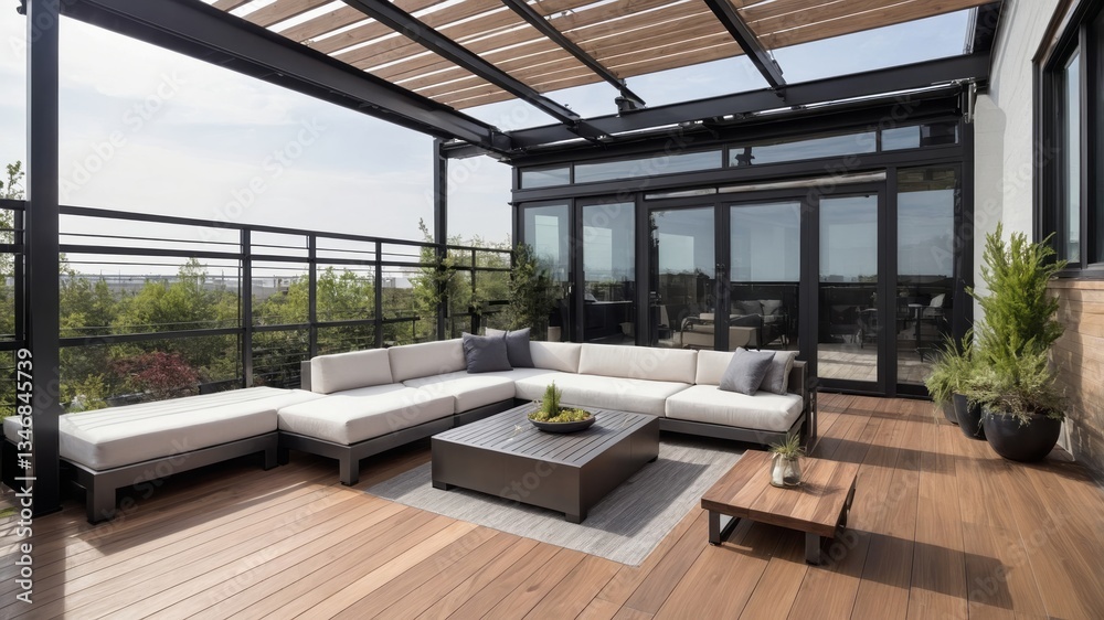 Fototapeta premium Modern outdoor patio space featuring comfortable seating and wooden deck