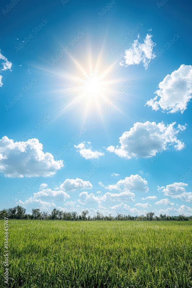 Obraz premium Bright Sun Over Vibrant Green Field Under Clear Blue Sky