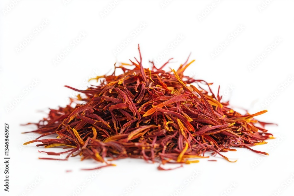Naklejka premium Saffron threads close up vibrant spice on pure white background studio shot aromatic culinary essence