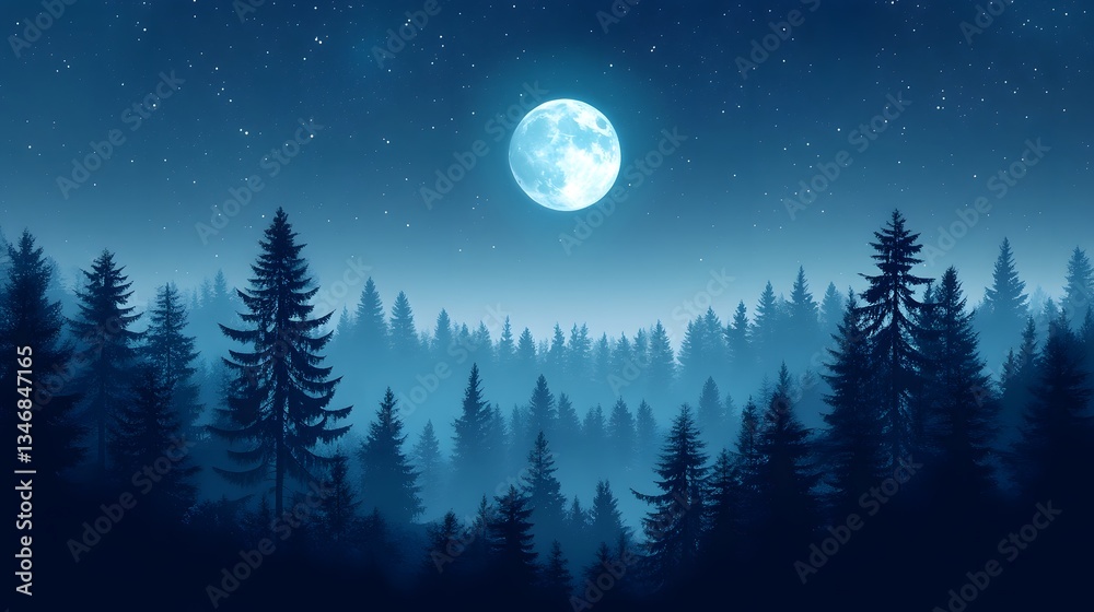 Naklejka premium Enchanting Moonlit Forest Landscape with Pine Trees and Starry Sky